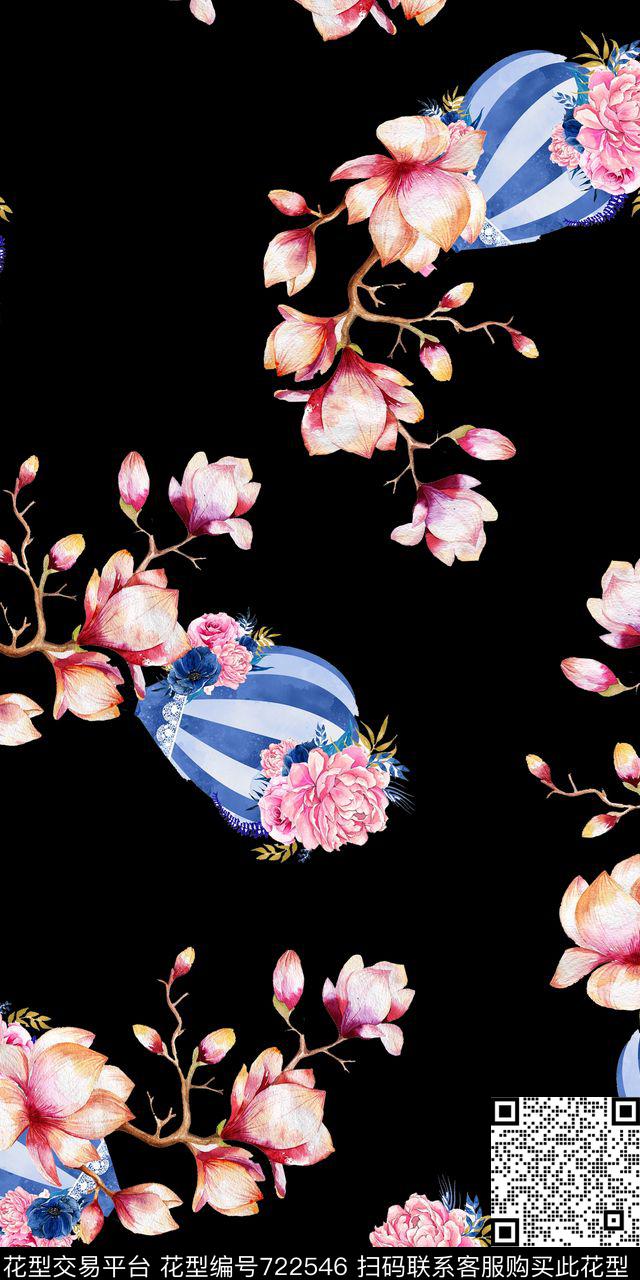 水彩花卉热气球黑底大牌数码印花华亿平台下载（图片编号: 722546） - 瓦栏（Walan）