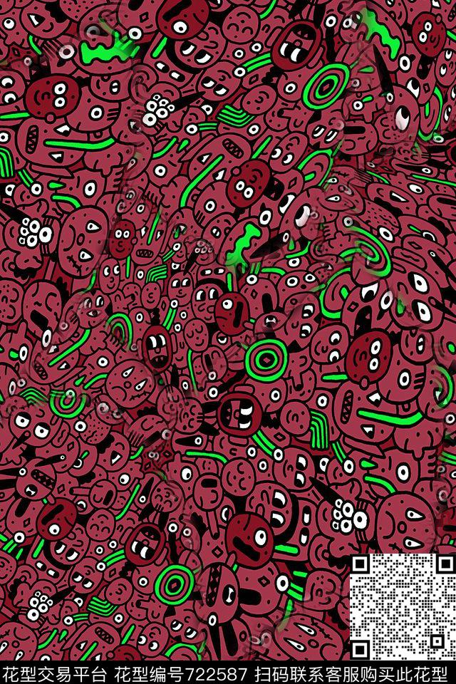 趣味卡通涂鸦传统印花华亿平台下载（图片编号: 722587） - 瓦栏（Walan）