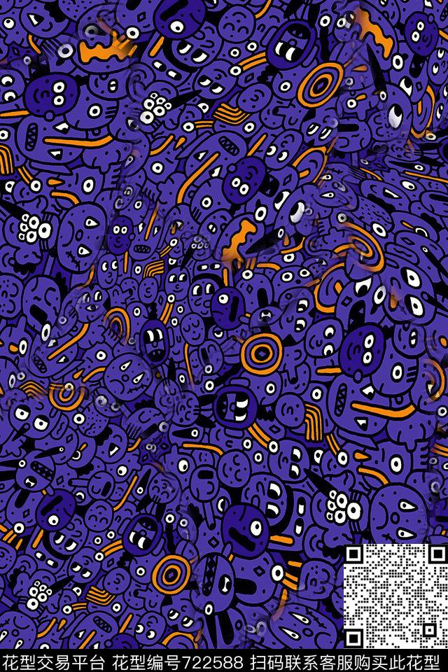 趣味卡通涂鸦传统印花华亿平台下载（图片编号: 722588） - 瓦栏（Walan）