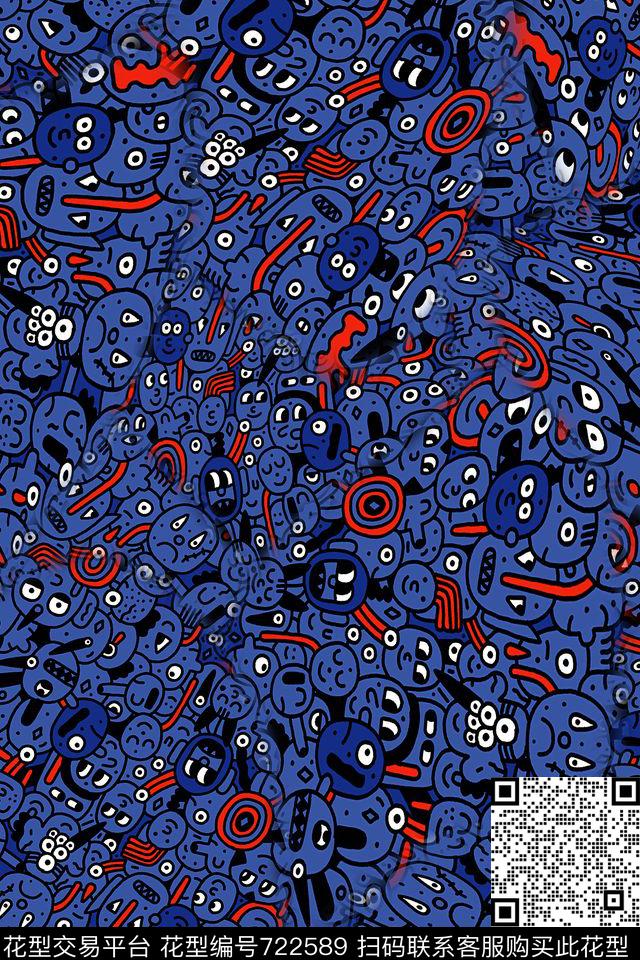 趣味卡通涂鸦传统印花华亿平台下载（图片编号: 722589） - 瓦栏（Walan）