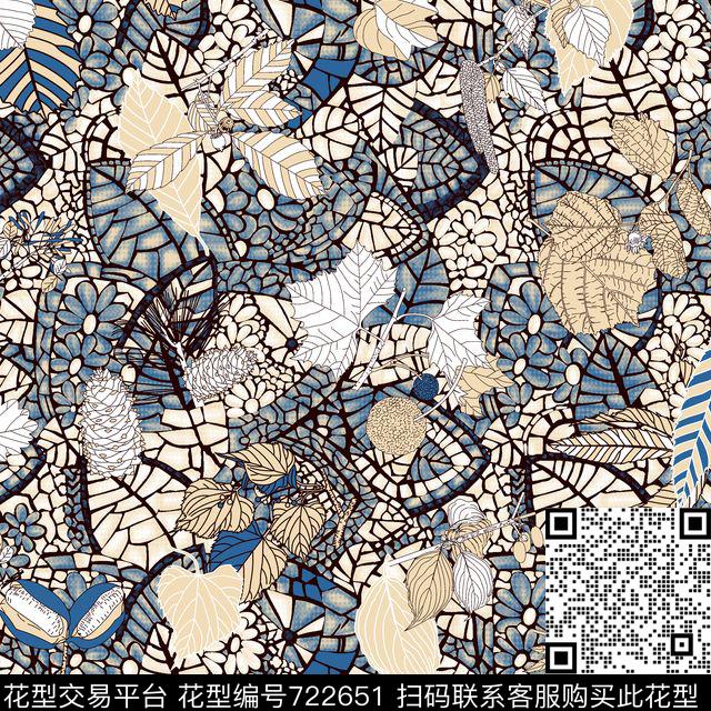 混合抽象几何树叶传统印花华亿平台下载（图片编号: 722651） - 瓦栏（Walan）
