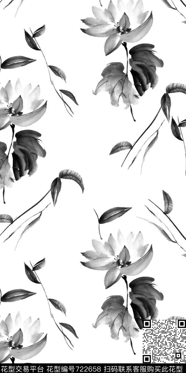 水墨水彩黑白数码印花华亿平台下载（图片编号: 722658） - 瓦栏（Walan）
