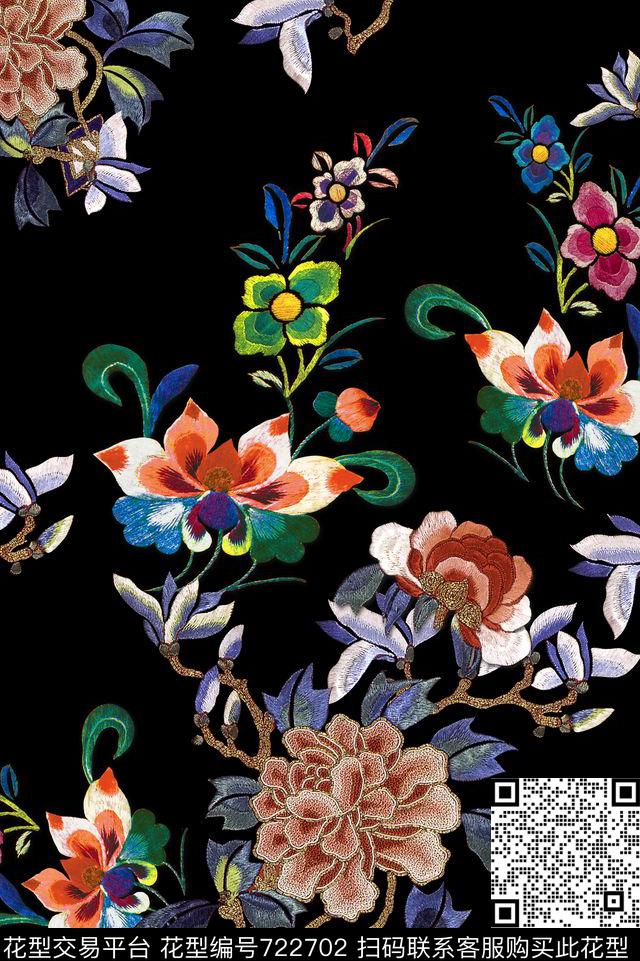 旗袍面料花花朵时尚流行女装数码印花华亿平台下载（图片编号: 722702） - 瓦栏（Walan）