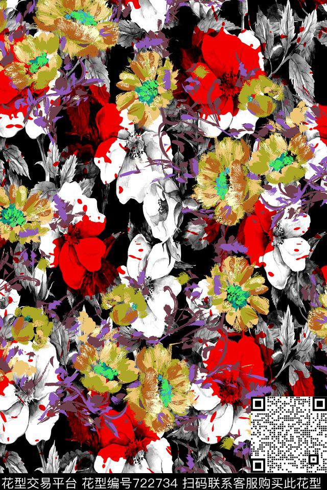 黑色背景花卉原创水彩原创手绘大花卉数码印花华亿平台下载（图片编号: 722734） - 瓦栏（Walan）