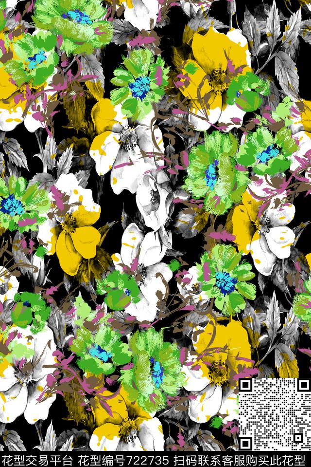 黑色背景花卉原创水彩原创手绘大花卉数码印花华亿平台下载（图片编号: 722735） - 瓦栏（Walan）