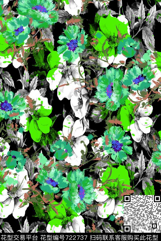 黑色背景花卉原创水彩原创手绘大花卉数码印花华亿平台下载（图片编号: 722737） - 瓦栏（Walan）