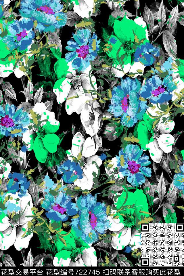 黑色背景花卉原创水彩原创手绘大花卉数码印花华亿平台下载（图片编号: 722745） - 瓦栏（Walan）