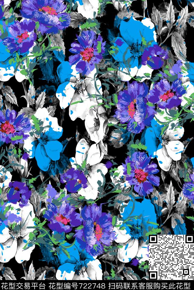 黑色背景花卉原创水彩原创手绘大花卉数码印花华亿平台下载（图片编号: 722748） - 瓦栏（Walan）