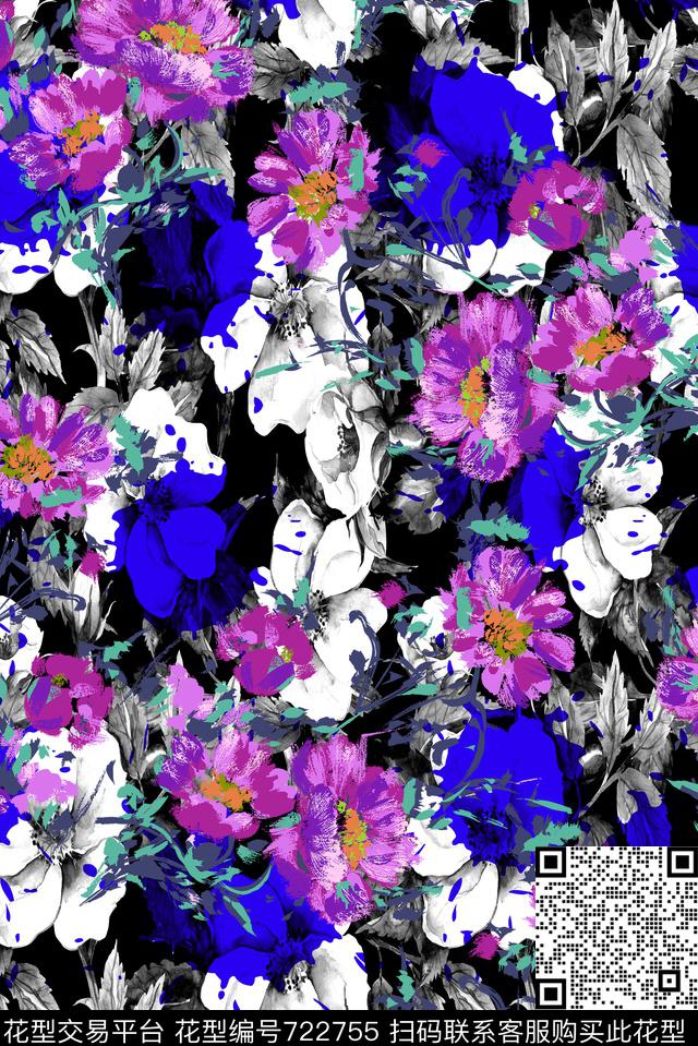 黑色背景花卉原创水彩原创手绘大花卉数码印花华亿平台下载（图片编号: 722755） - 瓦栏（Walan）
