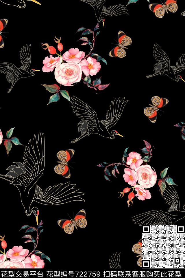 仙鹤花鸟花朵数码印花华亿平台下载（图片编号: 722759） - 瓦栏（Walan）