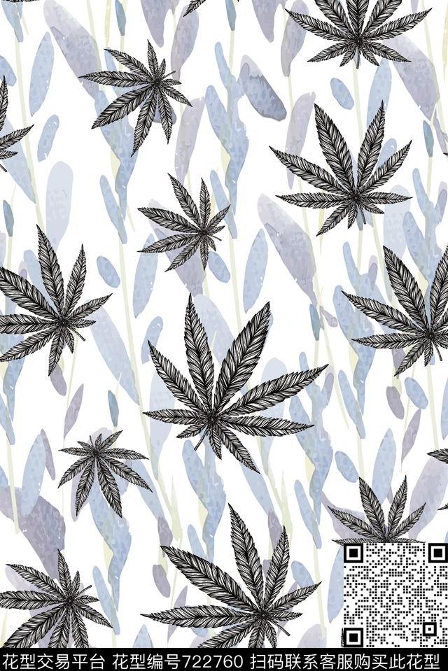 枫树叶子黑白数码印花华亿平台下载（图片编号: 722760） - 瓦栏（Walan）