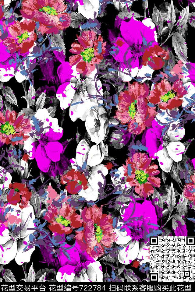黑色背景花卉原创水彩原创手绘大花卉数码印花华亿平台下载（图片编号: 722784） - 瓦栏（Walan）