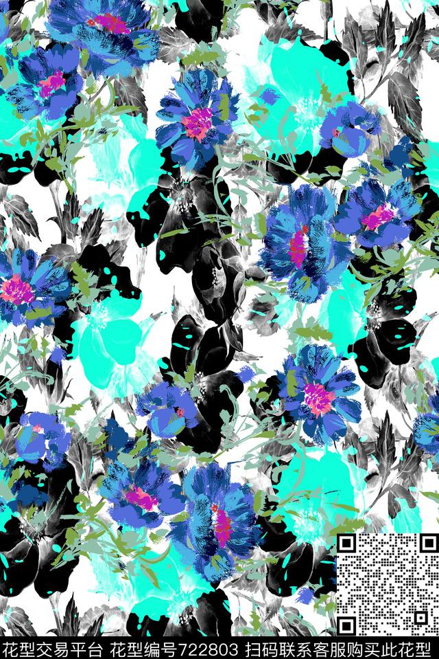 黑色背景花卉原创水彩原创手绘大花卉数码印花华亿平台下载（图片编号: 722803） - 瓦栏（Walan）