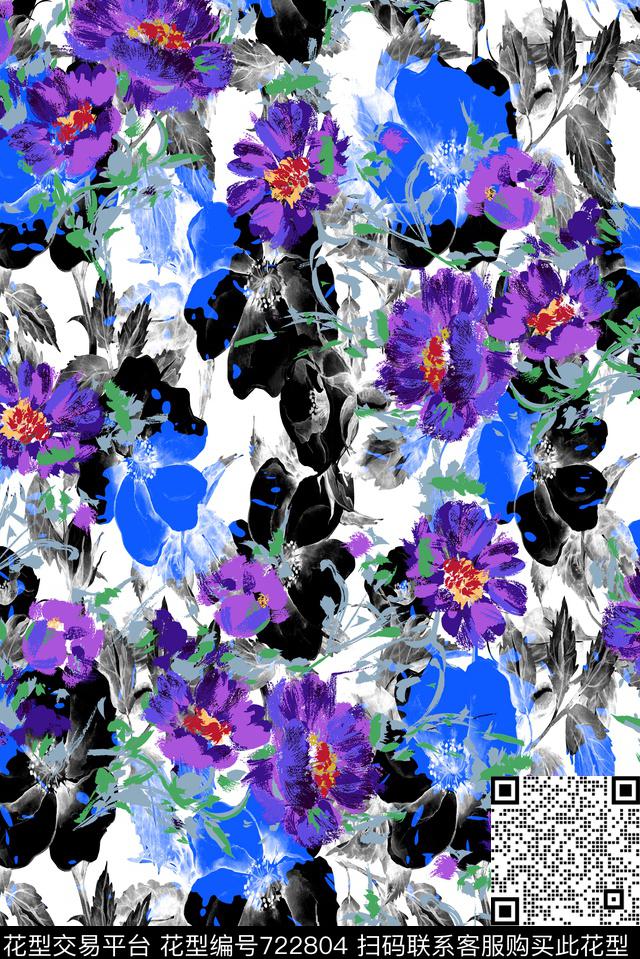 黑色背景花卉原创水彩原创手绘大花卉数码印花华亿平台下载（图片编号: 722804） - 瓦栏（Walan）