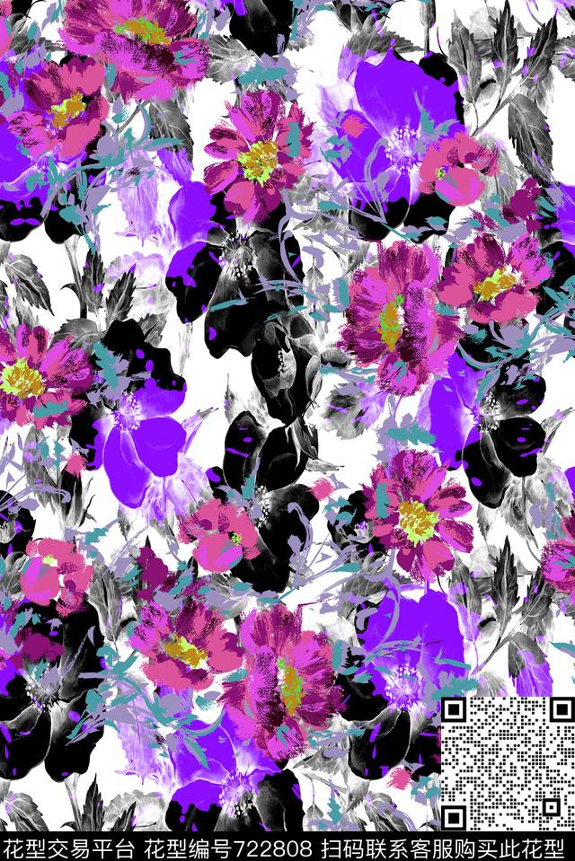 黑色背景花卉原创水彩原创手绘大花卉数码印花华亿平台下载（图片编号: 722808） - 瓦栏（Walan）