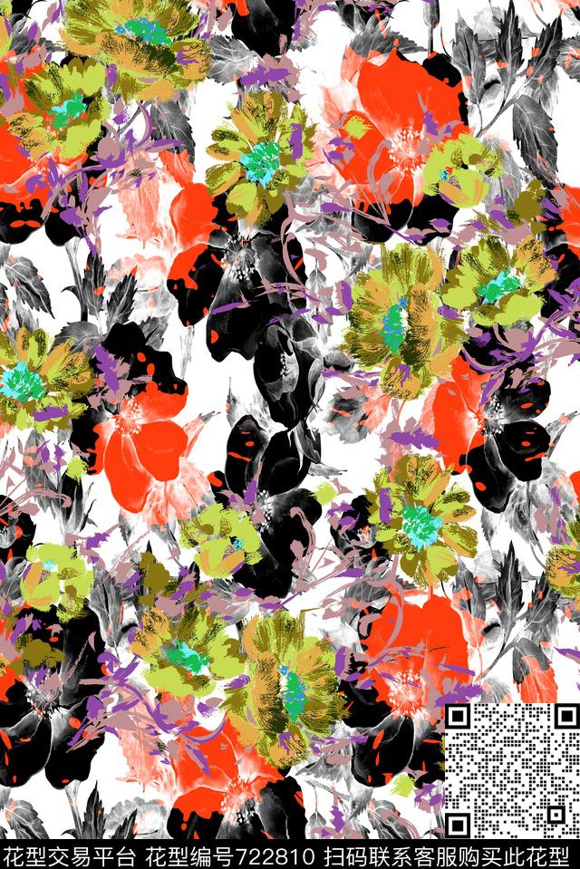 黑色背景花卉原创水彩原创手绘大花卉数码印花华亿平台下载（图片编号: 722810） - 瓦栏（Walan）