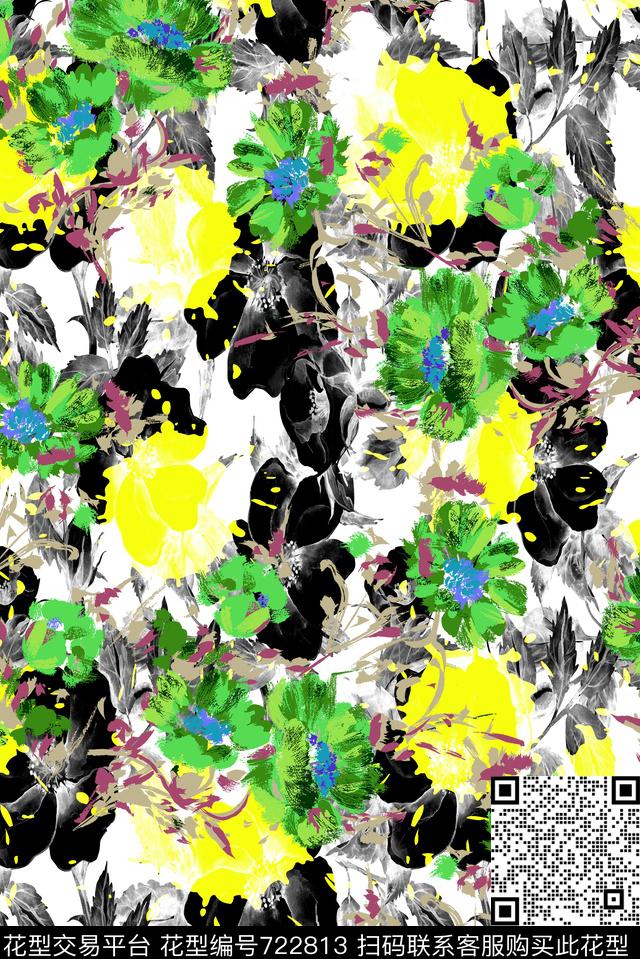 黑色背景花卉原创水彩原创手绘大花卉数码印花华亿平台下载（图片编号: 722813） - 瓦栏（Walan）