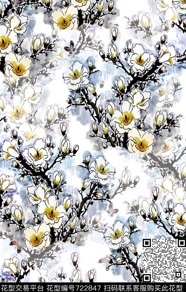 中国风玉兰花女装数码印花华亿平台下载（图片编号: 722847） - 瓦栏（Walan）