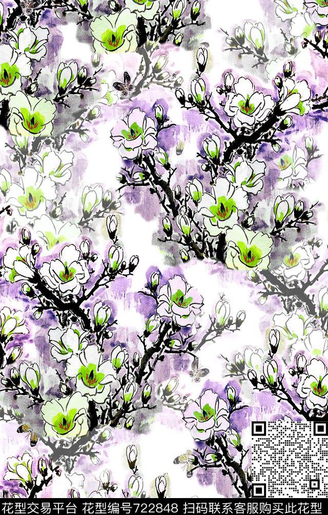 中国风玉兰花女装数码印花华亿平台下载（图片编号: 722848） - 瓦栏（Walan）