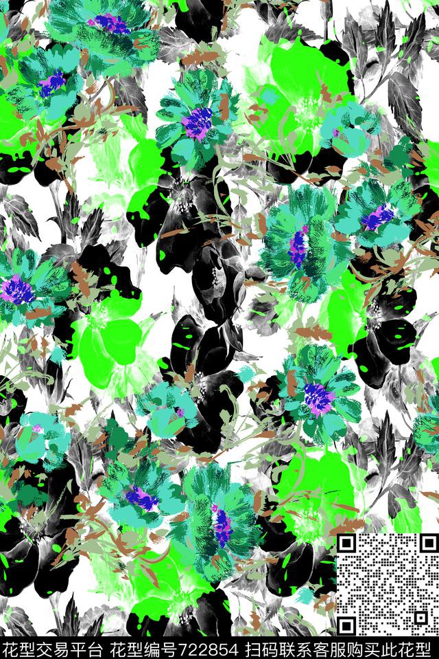 黑色背景花卉原创水彩原创手绘大花卉数码印花华亿平台下载（图片编号: 722854） - 瓦栏（Walan）