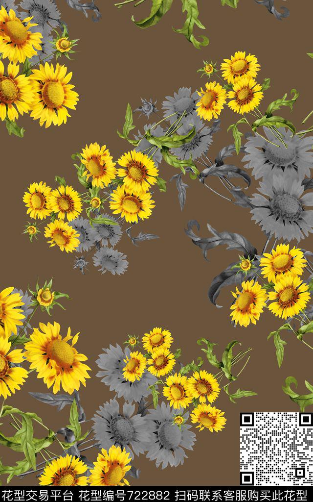 向日葵花朵花卉数码印花华亿平台下载（图片编号: 722882） - 瓦栏（Walan）