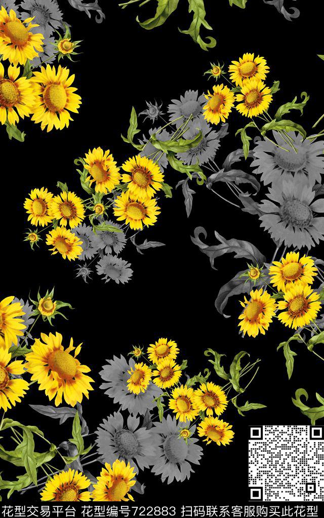 向日葵花朵花卉数码印花华亿平台下载（图片编号: 722883） - 瓦栏（Walan）