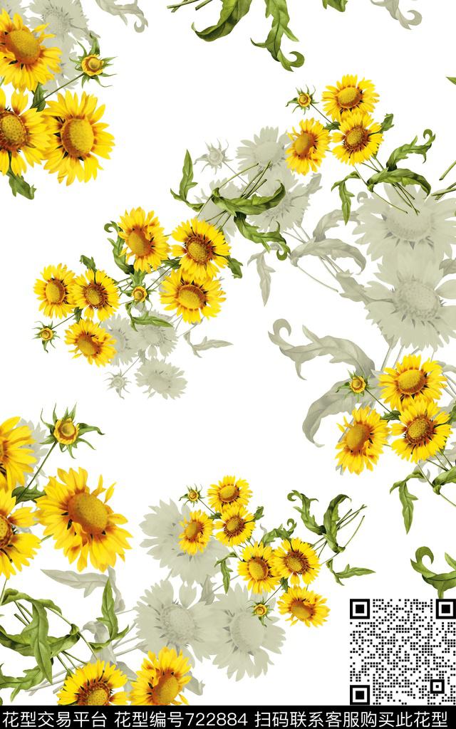 向日葵花朵花卉数码印花华亿平台下载（图片编号: 722884） - 瓦栏（Walan）