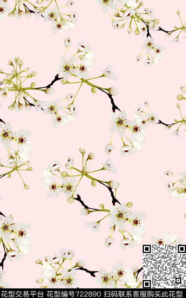 白花花朵花卉数码印花华亿平台下载（图片编号: 722890） - 瓦栏（Walan）