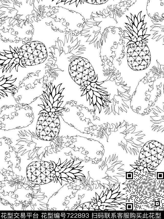 菠萝素描线条画传统印花华亿平台下载（图片编号: 722893） - 瓦栏（Walan）