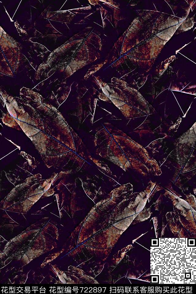 树叶满版黑底数码印花华亿平台下载（图片编号: 722897） - 瓦栏（Walan）