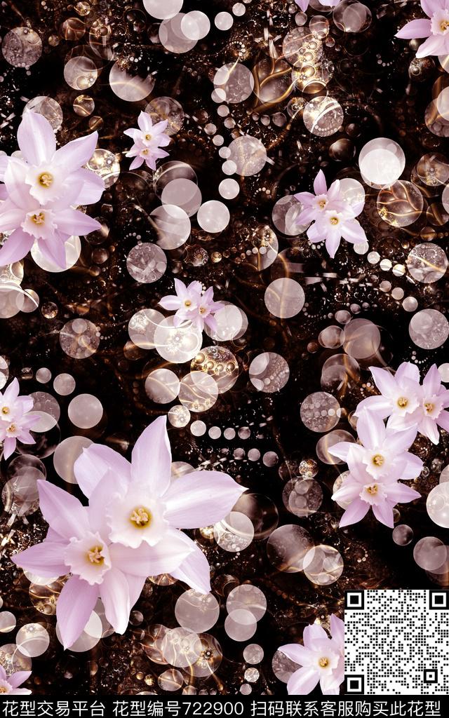 白花花朵花卉数码印花华亿平台下载（图片编号: 722900） - 瓦栏（Walan）