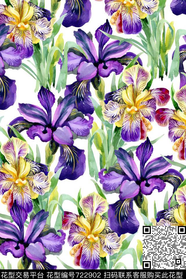 水彩风手绘兰花花卉数码印花华亿平台下载（图片编号: 722902） - 瓦栏（Walan）