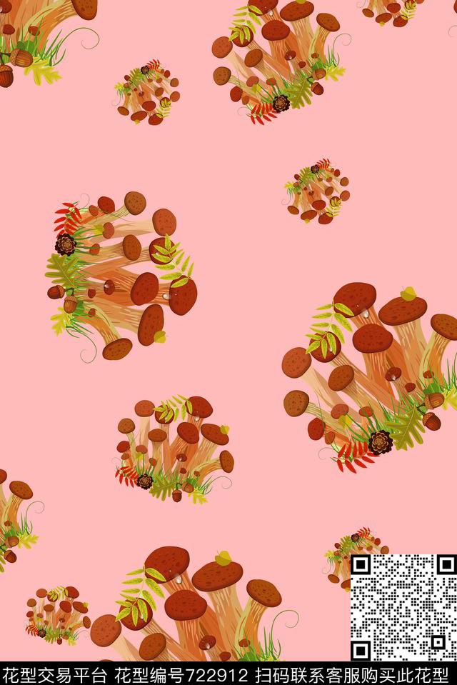趣味蘑菇花卉数码印花华亿平台下载（图片编号: 722912） - 瓦栏（Walan）