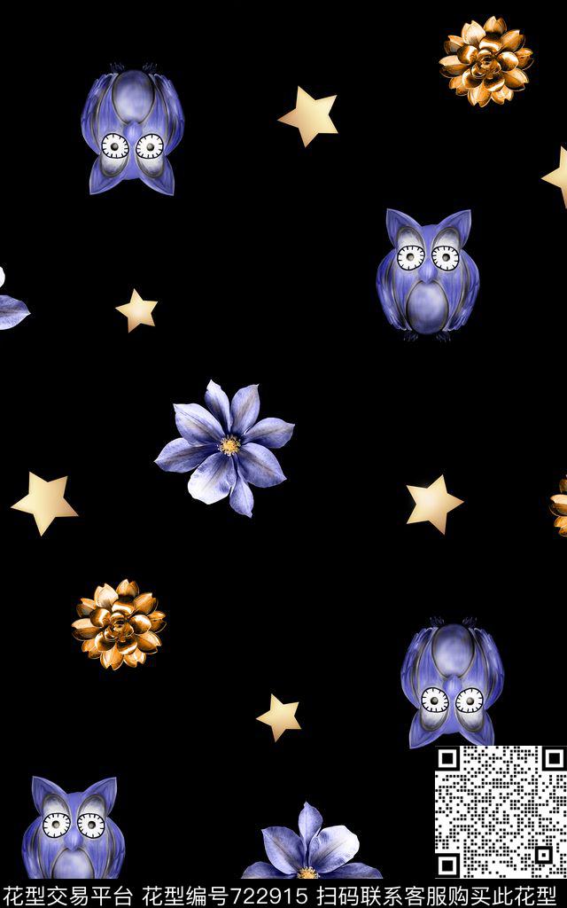 动物猫头鹰花卉数码印花华亿平台下载（图片编号: 722915） - 瓦栏（Walan）