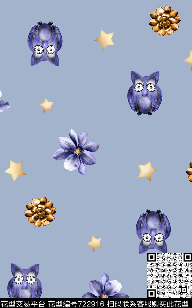 动物猫头鹰花卉数码印花华亿平台下载（图片编号: 722916） - 瓦栏（Walan）