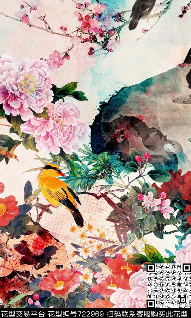 牡丹、中国风国画、水墨画、中国风花鸟数码印花华亿平台下载（图片编号: 722969） - 瓦栏（Walan）
