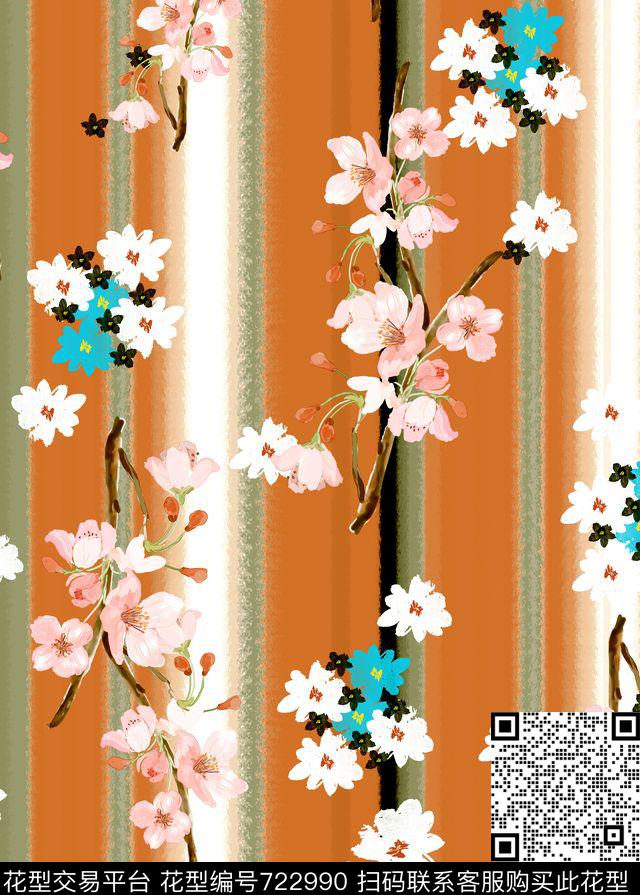 花朵条纹桃花数码印花华亿平台下载（图片编号: 722990） - 瓦栏（Walan）
