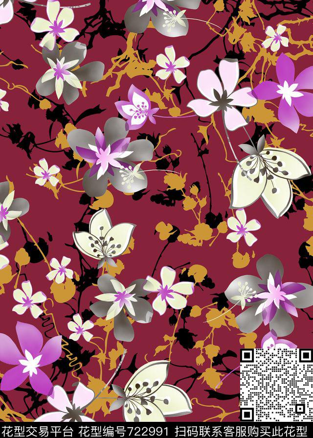 花朵花卉枝丫数码印花华亿平台下载（图片编号: 722991） - 瓦栏（Walan）