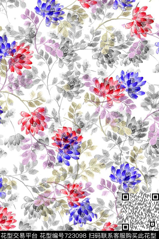 花卉手绘水墨数码印花华亿平台下载（图片编号: 723098） - 瓦栏（Walan）