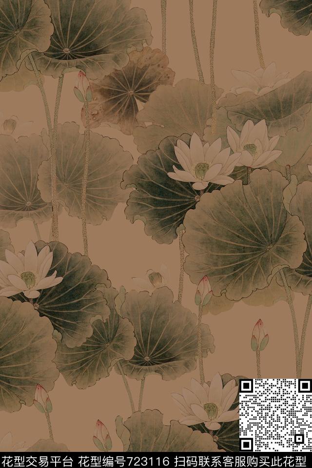 复古原创荷花数码印花华亿平台下载（图片编号: 723116） - 瓦栏（Walan）