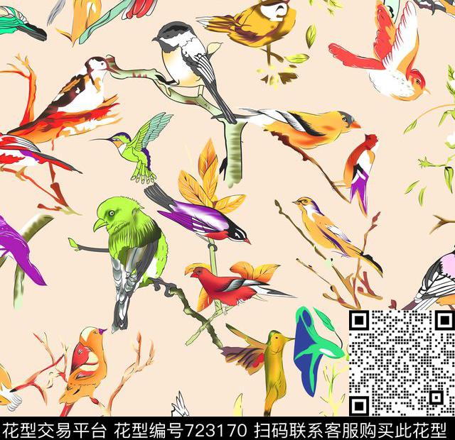几何花鸟花鸟鸟数码印花华亿平台下载（图片编号: 723170） - 瓦栏（Walan）