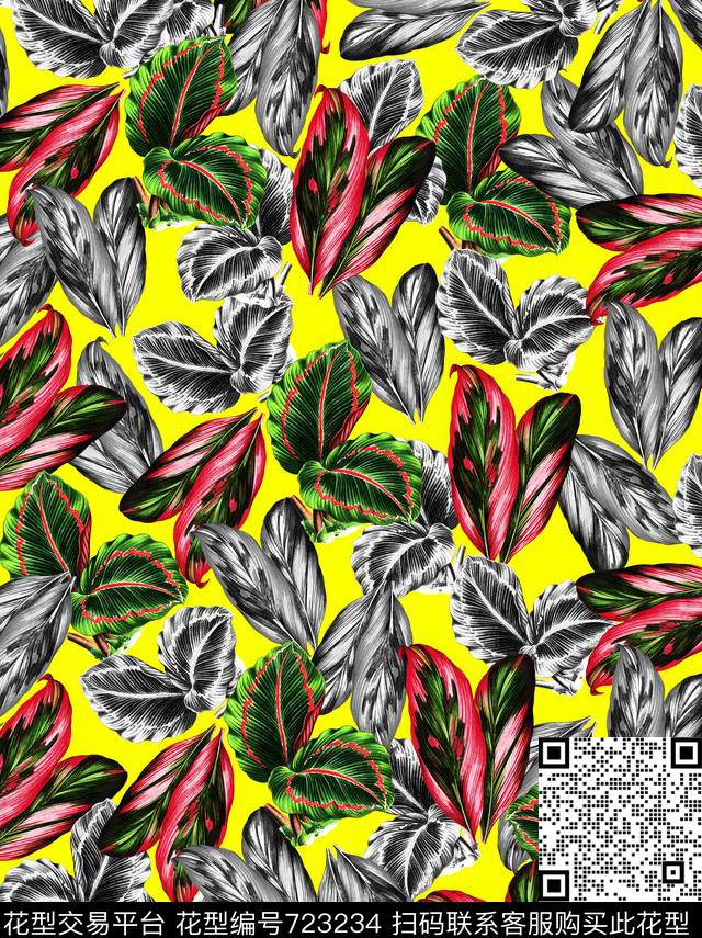 植物热带大叶植物重复图案数码印花华亿平台下载（图片编号: 723234） - 瓦栏（Walan）