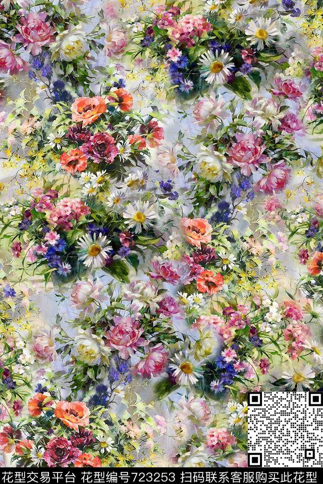 水彩手绘花卉数码印花华亿平台下载（图片编号: 723253） - 瓦栏（Walan）