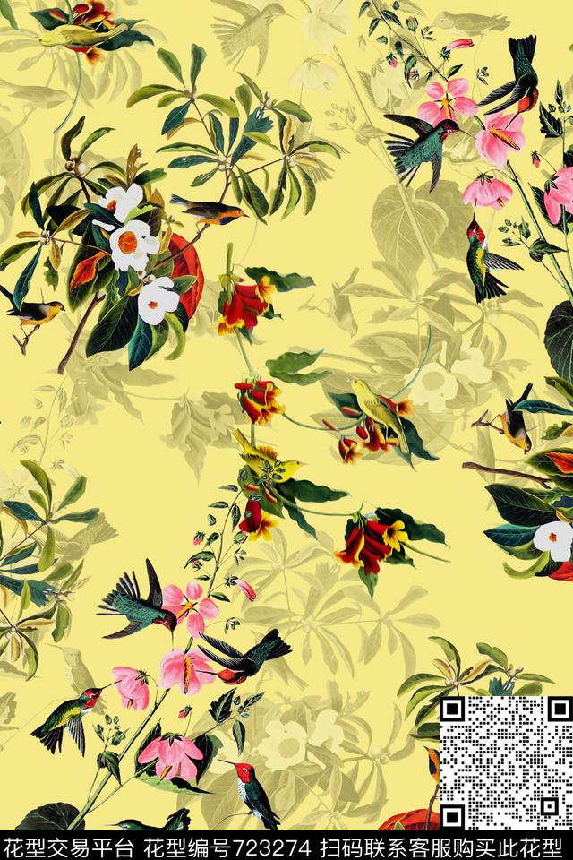 水彩花卉花鸟数码印花华亿平台下载（图片编号: 723274） - 瓦栏（Walan）
