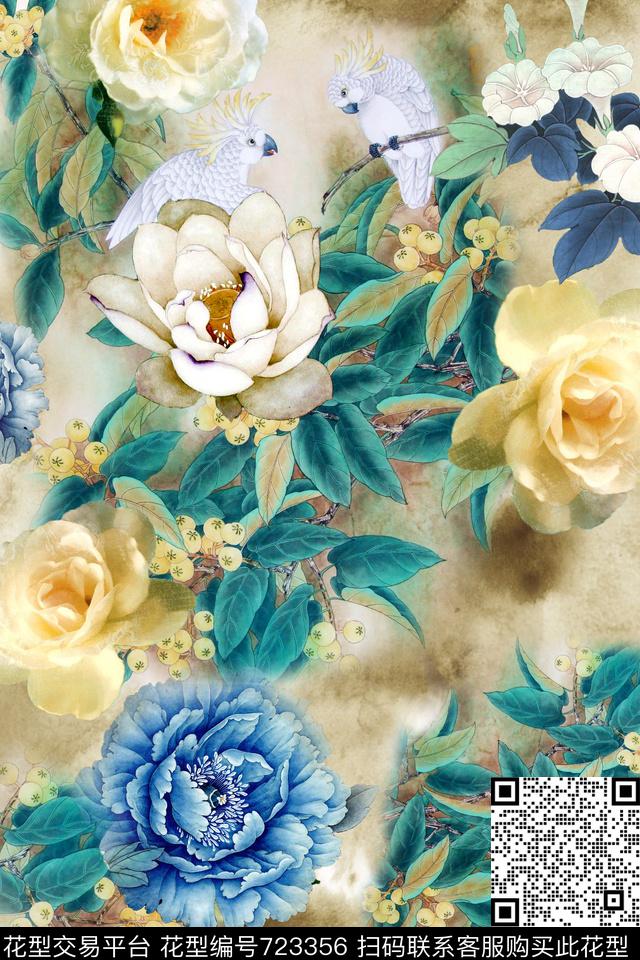 民族风中国风工笔琵琶数码印花华亿平台下载（图片编号: 723356） - 瓦栏（Walan）