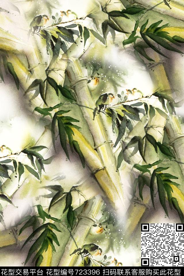 竹子鸟手绘数码印花华亿平台下载（图片编号: 723396） - 瓦栏（Walan）