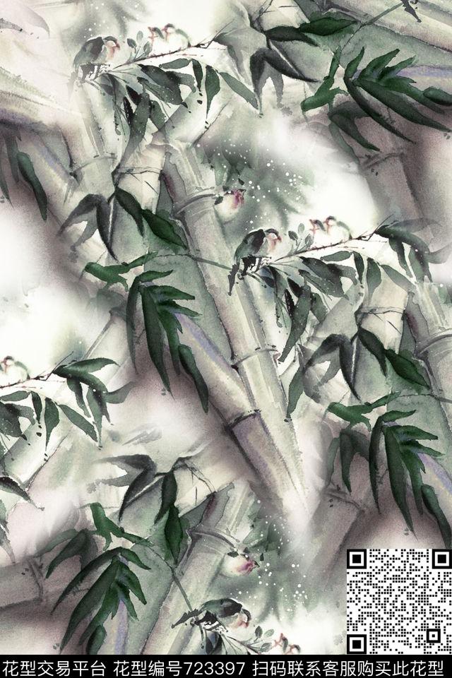 竹子鸟手绘数码印花华亿平台下载（图片编号: 723397） - 瓦栏（Walan）