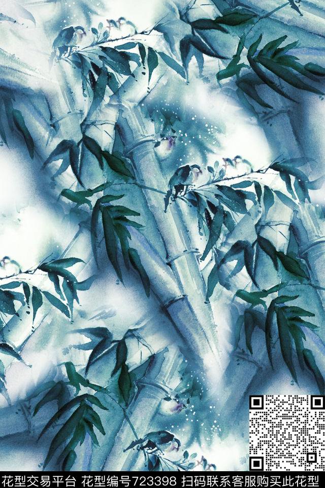 竹子鸟手绘数码印花华亿平台下载（图片编号: 723398） - 瓦栏（Walan）