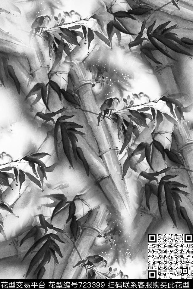 竹子鸟手绘数码印花华亿平台下载（图片编号: 723399） - 瓦栏（Walan）