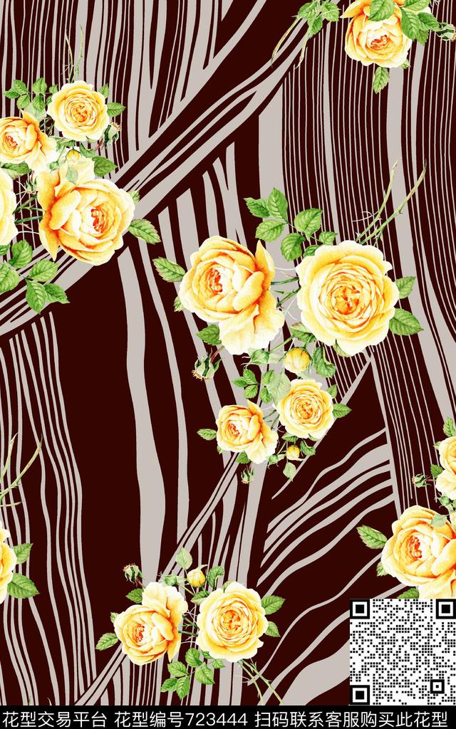 条纹花朵花卉数码印花华亿平台下载（图片编号: 723444） - 瓦栏（Walan）